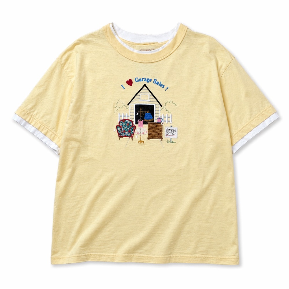 Vintage Garage Sale Embroidered Yellow Tee Thrifting Flea Market Cottagecore L